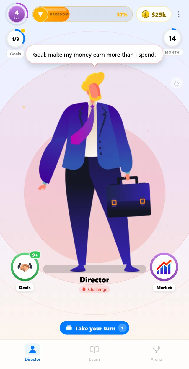 The Pocketlon hub: a character on stage with level, road-to-freedom progress and virtual cash above, and Deals and Market tokens below