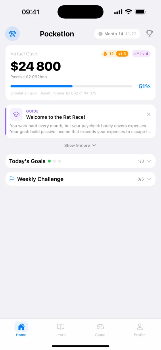Pocketlon home screen showing a virtual cash balance and monthly progress