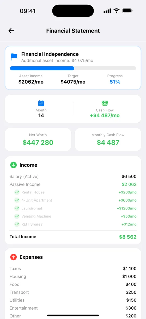 Financial statement screen with income, expenses and cash flow