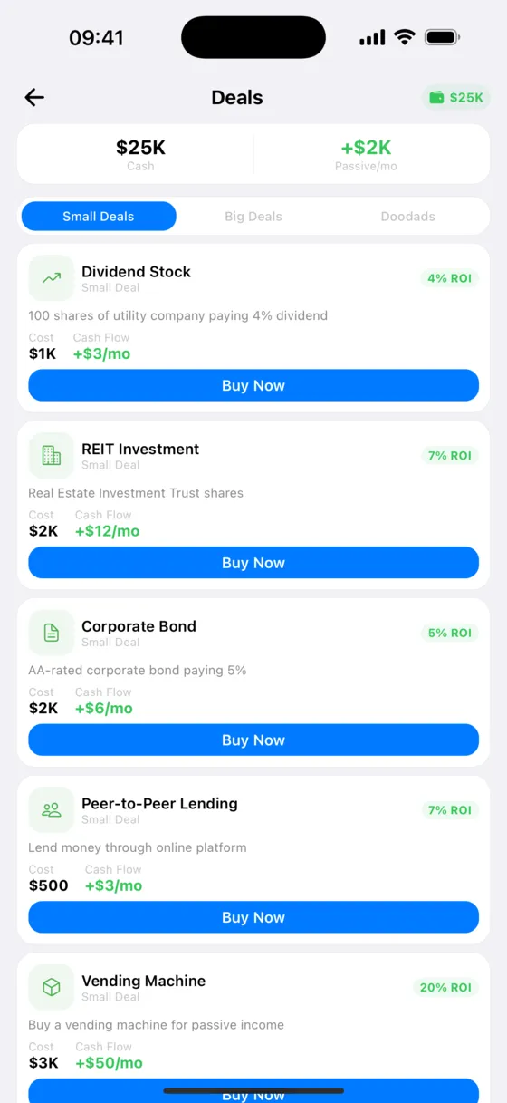Opportunities screen comparing simulated deals by cost and risk