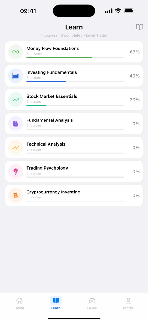 Lessons screen with short financial-literacy courses