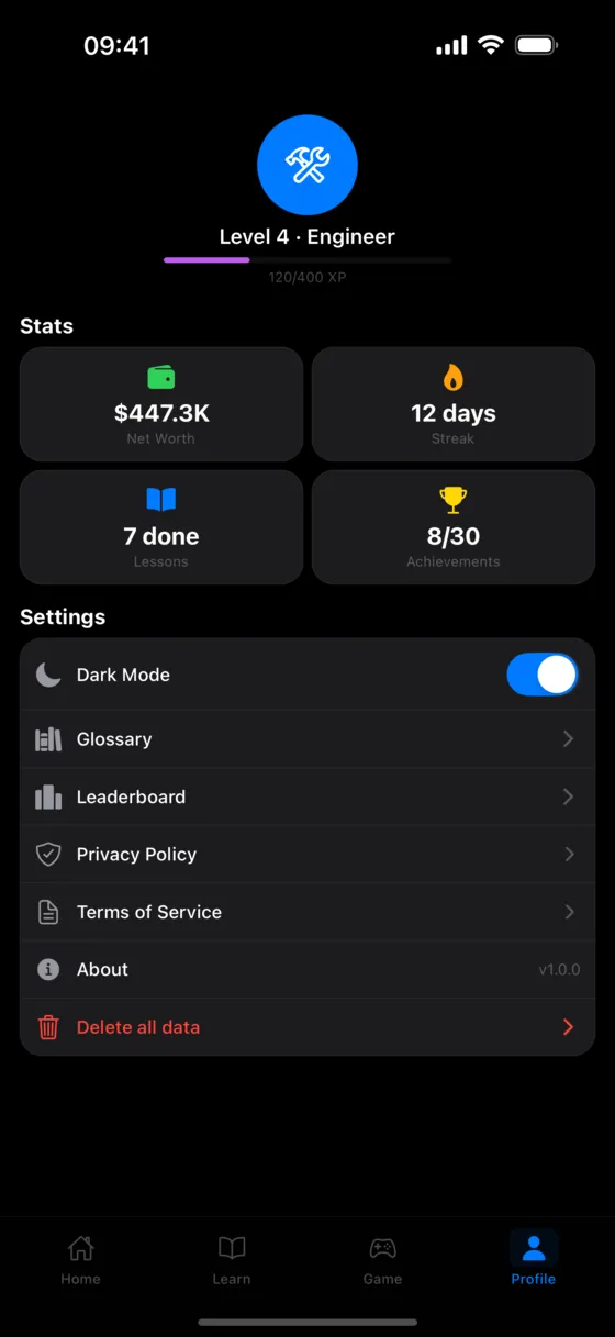 Profile screen shown in dark mode